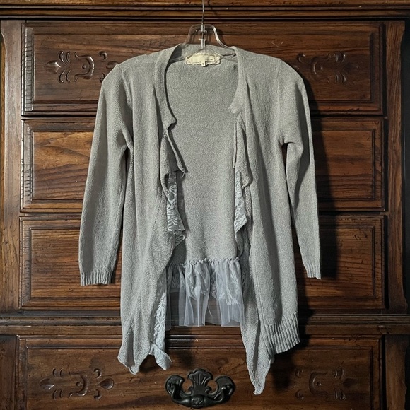 A'Reve Sweaters - A'Reve Light Gray Ruffle and Lace Cardigan